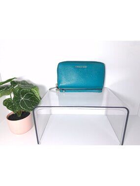 Michael Kors Turquoise Leather Wristlet Wallet With Zipper Closure & Card Slots